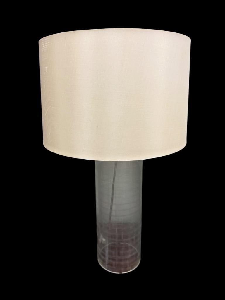 FINELY ETCHED CYLINDRICAL GLASS TABLE LAMP WITH LINEN SHADE: FINELY ETCHED GRID DESIGN GLASS TABLE LAMP, TESTED + 27" H