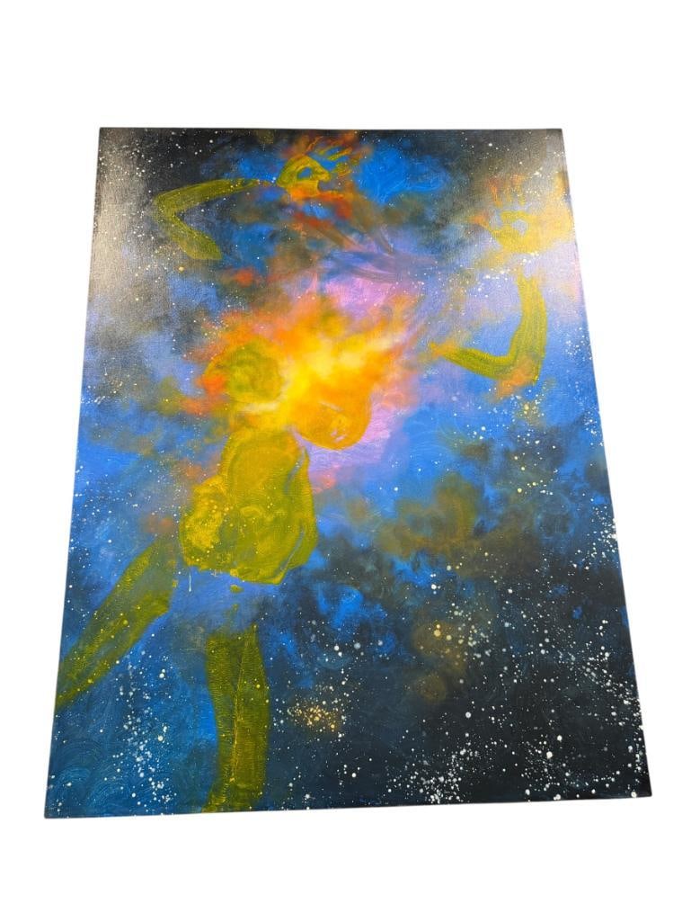 ZLOKOVICH ORIGINAL OIL ON CANVAS ABSTRACT PAINTING POSSIBLY JIM ZLOKOVICH: ART DEPICTS ABSTRACT STYLIZED FEMALE FIGURE WITH PROMINENT HAND PRINTS AND MOODY GALAXT STYLE BACKGROUND, SIGNED ON THE BACK, INCLUDES CARD FROM THE FALLING LADIES GALA HELD IN RENO, NV ALONG WITH A B