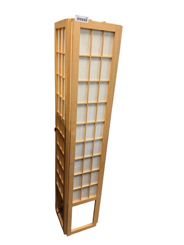 JAPANESE INSPIRED FLOOR LANTERN LAMP: LATTICE AND PAPER PANELS, NUDE WOOD, TESTED +, ONE PANEL HAS A SMALL TEAR AND PEN SIZE HOLE 12" X 12" X 59"