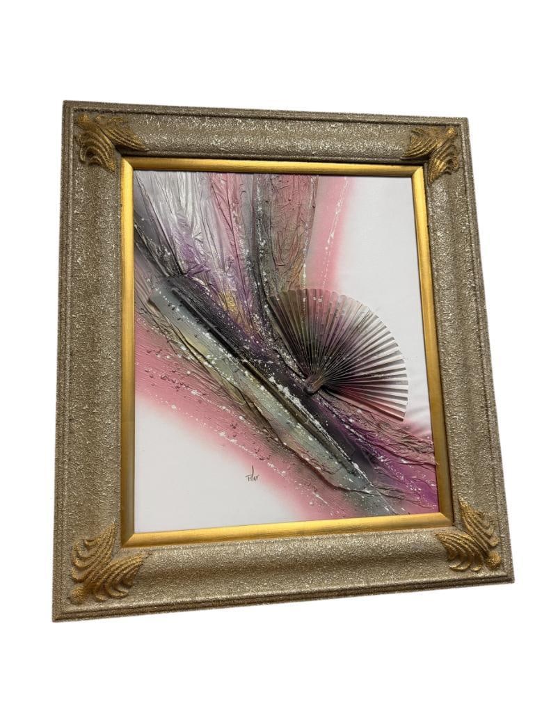 ORIGINAL MIXED MEDIA PAINTING ON CANVAS SIGNED PILAR: ART SHOWS PASTEL COLORS WITH 3D OBJSCTS, SIGNED LOWER LEFT, FRAMED 29" X 33" FRAME