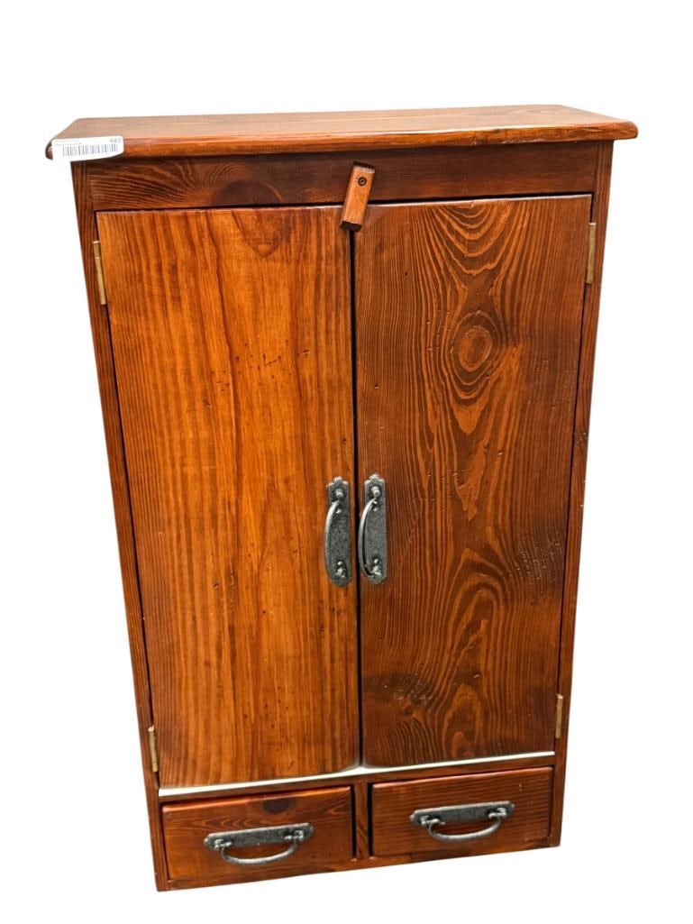 DARK FINISHED PINE CABINET WITH BOTTOM STORAGE DRAWERS FEATURES FORGED IRON STYLED HARDWARE (1 of 7)