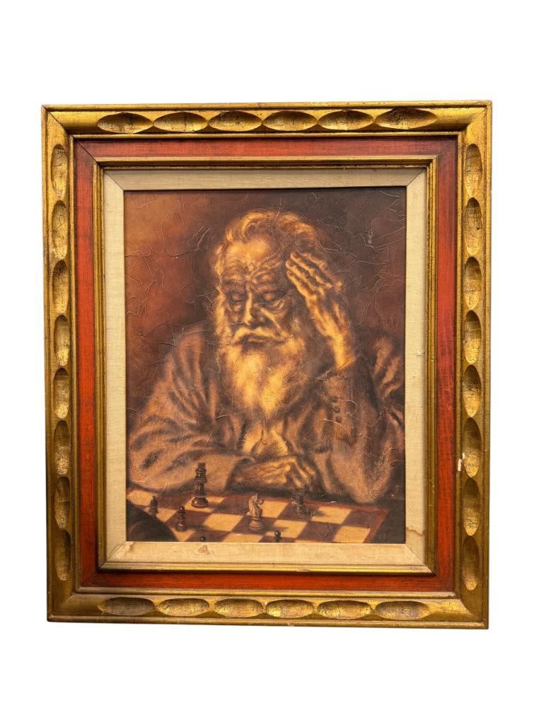 TEXTURED PRINT ON BOARD OF AN ELDERLY BEARDED MAN CONCENTRATING ON A GAME OF CHESS (1 of 7)
