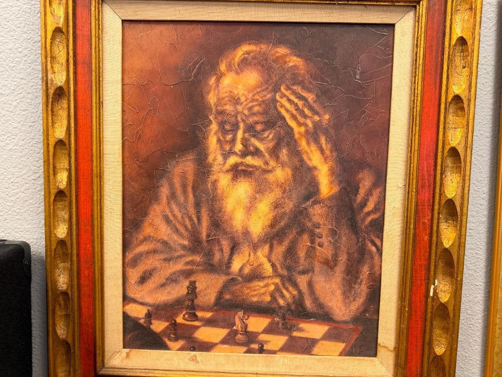 TEXTURED PRINT ON BOARD OF AN ELDERLY BEARDED MAN CONCENTRATING ON A GAME OF CHESS - 2