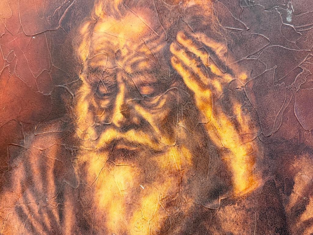 TEXTURED PRINT ON BOARD OF AN ELDERLY BEARDED MAN CONCENTRATING ON A GAME OF CHESS - 3