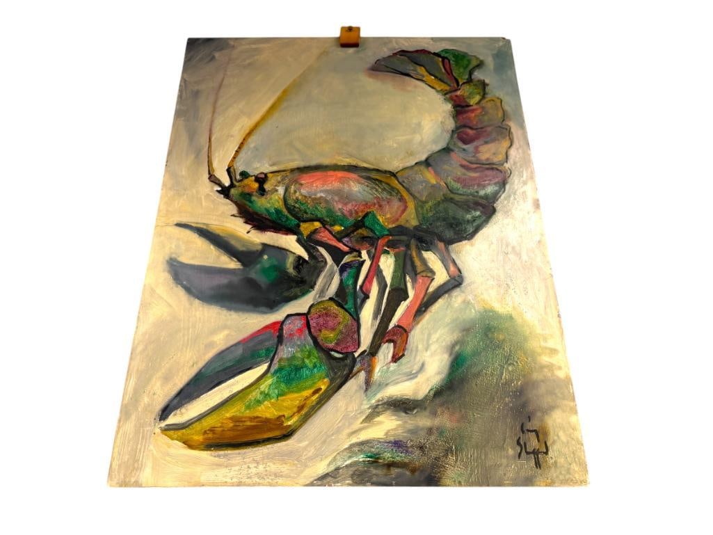 CRAIG SHEPPARD OKLAHOMA-BORN NEVADA ARTIST ORIGINAL OIL ON BOARD TITLED DEEP WARRIOR OB 14: CRAIG SHEPPARD (1913-1978) WAS AN ARTIST AN EDUCATOR FOR UNIVERSITY OF NEVADA, KNOWN FOR HIS WESTERN OIL AND WATERCOLOR PAINTINGS, ART DEPICTS UNUSUAL PAINTING OF A COLORFUL LOBSTER, SIGNED LOWER