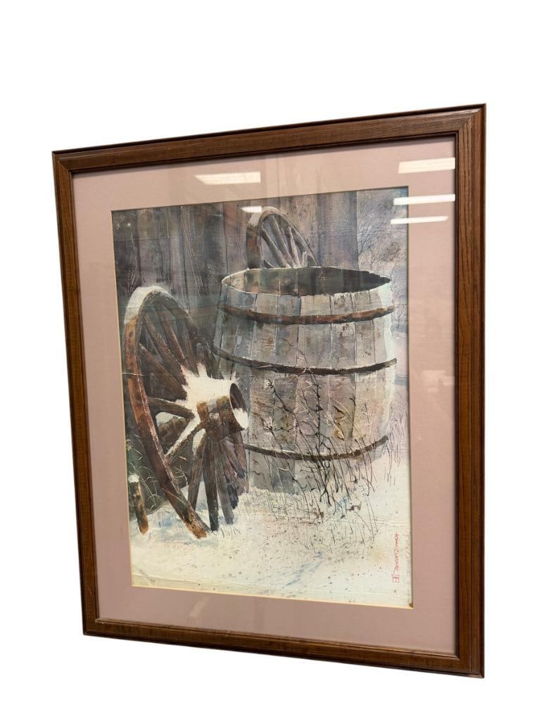 HOMER HACKER NOTED WATERCOLOR ARTIST ARTIST PROOF PRINT: HOMER HACKER (1917-2013) WAS AN OHIO BORN ARTIST KNOWN FOR HIS WATERCOLOR PAINTINGS, ART DEPICTS SNOWY SCENE WITH BARREL AND WAGON WHEELS LEANING ON AN OLD BUILDING, SIGNED LOWER RIGHT, FRAMED 23