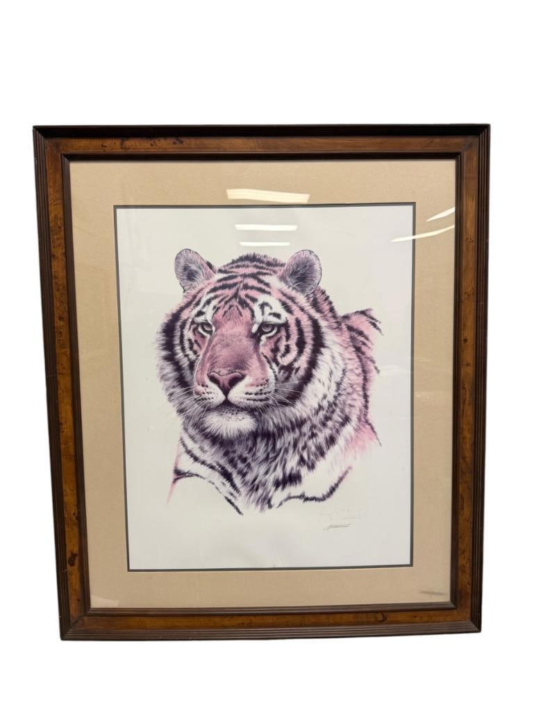 GUY COHELEACH AMERICAN WILDLIFE ARTSIT SIGNED PRINT SIBERIAN HUNTER TIGER PORTRAIT: ART DEPICTS PORTRAIT OF A TIGER, SIGNED LOWER RIGHT, FRAMED 28" X 21" FRAME