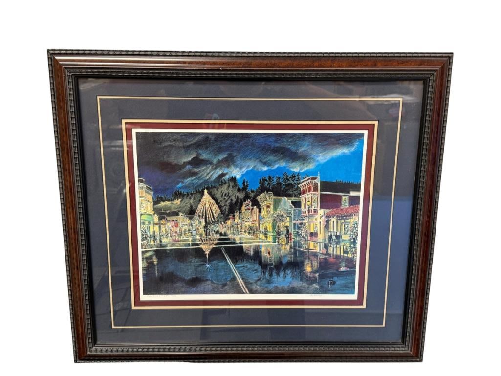 JACK MAYS NORTHERN CALIFORNIA PANORAMIC ARTIST LIMITED EDITION PRINT: FERNDALE CHRISTMAS LIMITED EDITION PRINT OF DOWNTOWN FERNDALE, CA NO. 5/1500, SIGNED LOWER RIGHT, FRAMED 22" X 19" FRAME