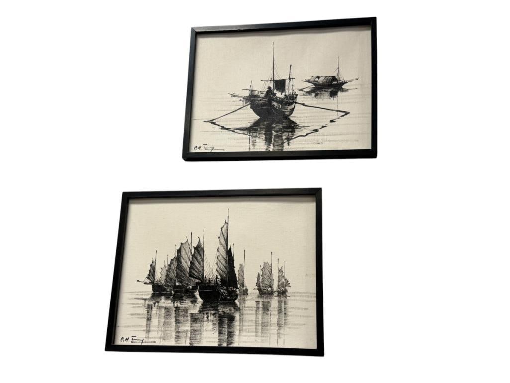 ORIGINAL PAINTINGS ON CANVAS OF ASIAN JUNK BOATS SIGNED: BLACK PAINTINGS ON CANVAS OF ASIAN JUNK BOATS, SIGNED LOWER LEFT, FRAMED 16 3/4" X 12 3/4" FRAME