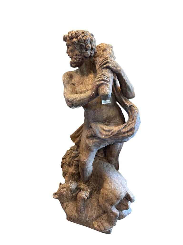 LIFE-SIZE SOLID CONCRETE SCULPTURE OF MYTHICAL HERO HERCULES: STANDING HERCULES WITH CLUB AND TIGER AND LEOPARD FIGHTING AT THE BASE, BROWN FINISH, HAS SOME WEATHERING, EXTREMELY HEAVY, PLEASE BRING HELP FOR PICK-UP 59" H