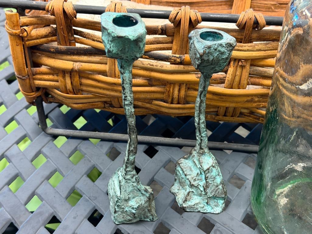 HOME DECOR / GOODS WOVEN BASKET, JAR WITH CORK TOP, PAIR OF CANDLE STICKS, AND FAUX FUR THROW - 4