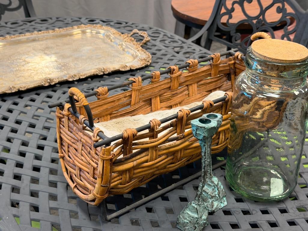 HOME DECOR / GOODS WOVEN BASKET, JAR WITH CORK TOP, PAIR OF CANDLE STICKS, AND FAUX FUR THROW - 6
