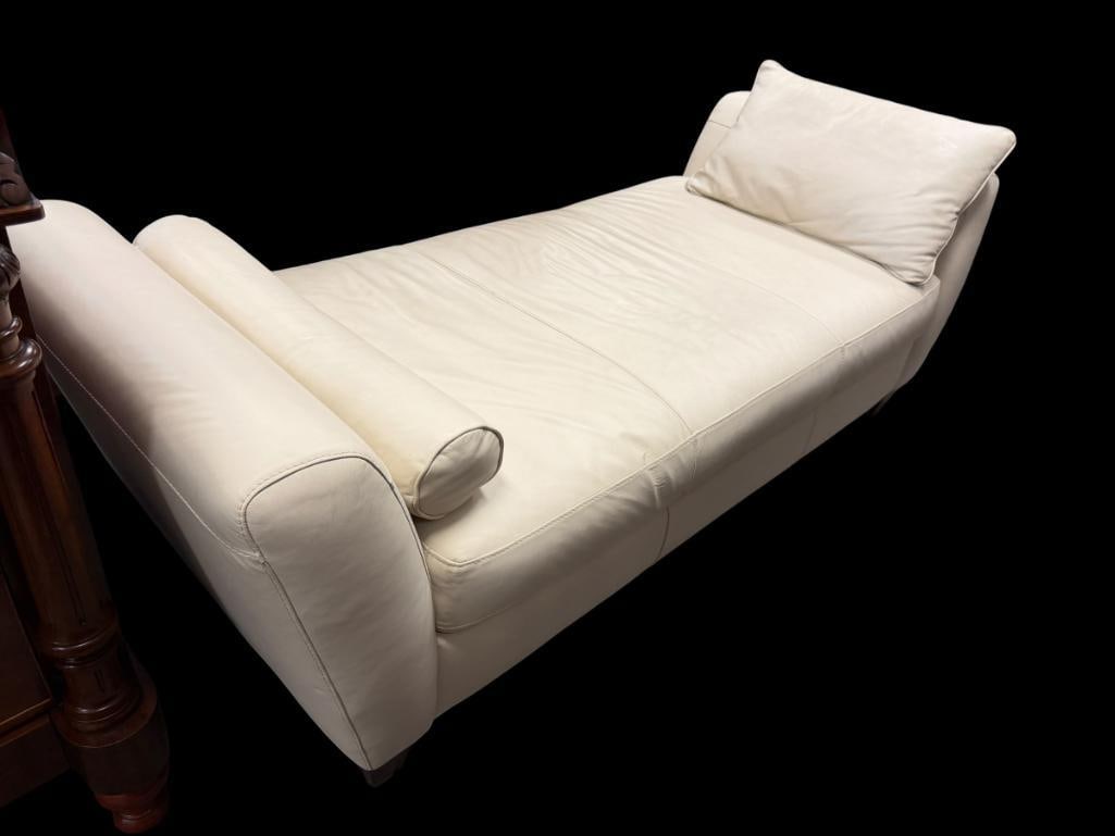 CONTEMPORAR MODERN CREAM COLORED LEATHER CHAISE LOUNGE: SMOOTH PEBBLED LEATHER WITH TWO PILLOWS, NO HEAVY WEAR 79" X 33" X 27" H