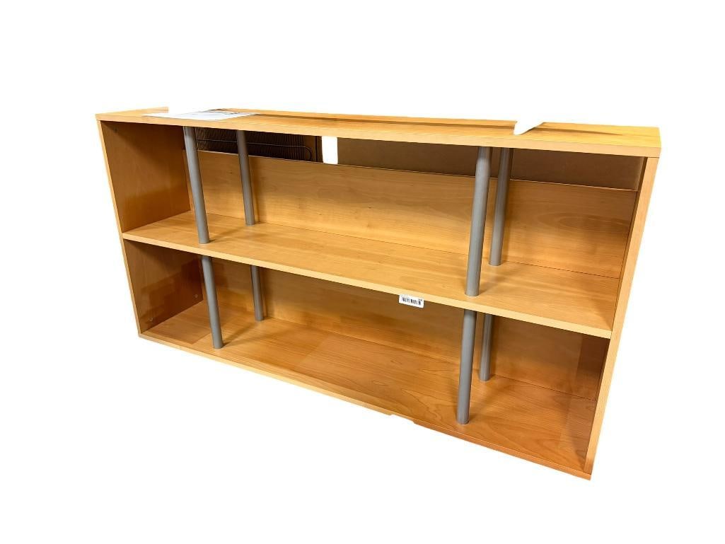 BLU DOT CHICAGO LOWBOY SHELF UNIT MAPLE FINISH WITH TUBULAR STEEL LEGS: MID-CENTURY STYLED, THREE SECTION SHELF UNIT, IN GOOD CONDITION, ORIGINAL PRICE $599 60" X 13" X 36"