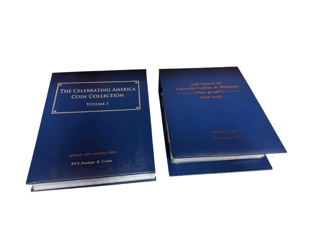 THE CELEBRATING AMERICA COIN COLLECTION VOL I AND 100 YEARS OF LINCOLN COINS & STAMPS: BY PCS STAMPS & COIN, CELEBRATING AMERICA BINDER FEATURES COINS WITH INFORMATION PAGE, LINCOLN CON AND STAMP BINDER FEATURES CENTS WITH STAMP AND INFORMATION PAGE, INDIGO BINDERS WITH SILVER AND