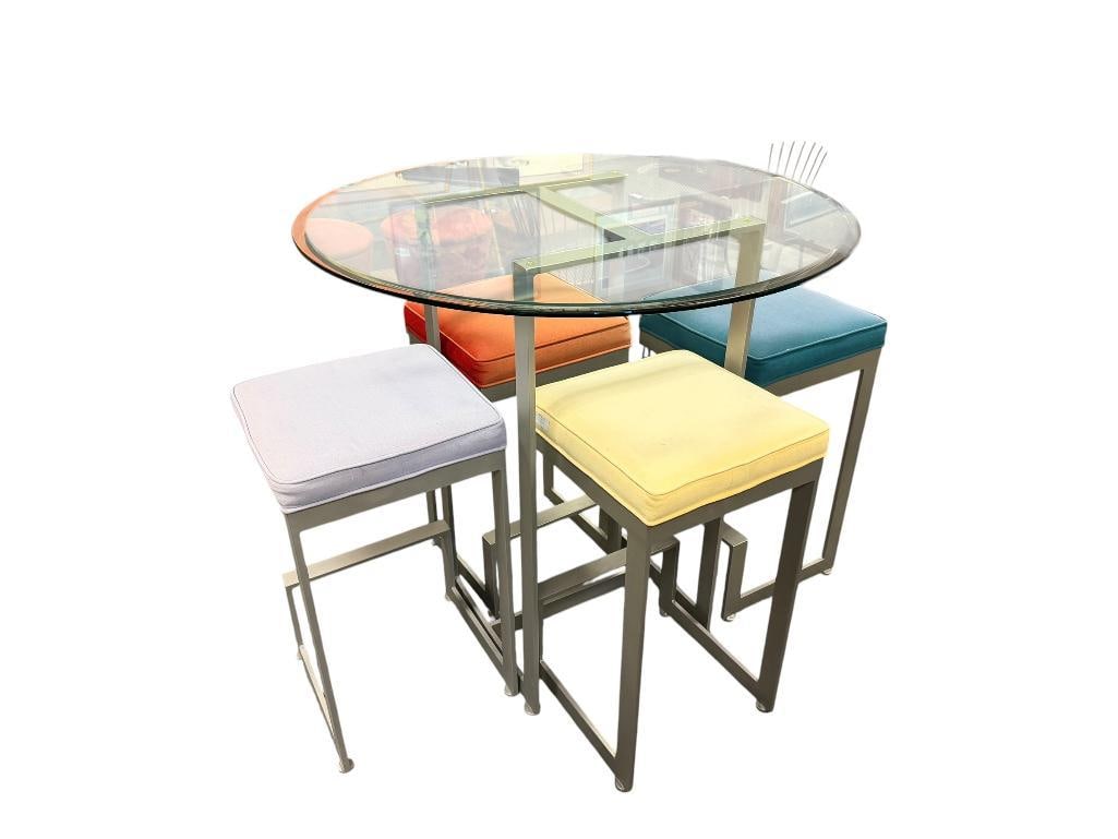 MODERN CONTEMPORARY 4-SCORE JOHNSTON CASUALS SIX-PIECE PUB HEIGHT DINING SET: GLASS TOP TABLE WITH METAL BASE, INCLUDES FOUR FIXED STOOLS WITH MULTICOLOR UPHOLSTERED SEATS 42" ROUND, 42" H TABLE, 30" STOOLS