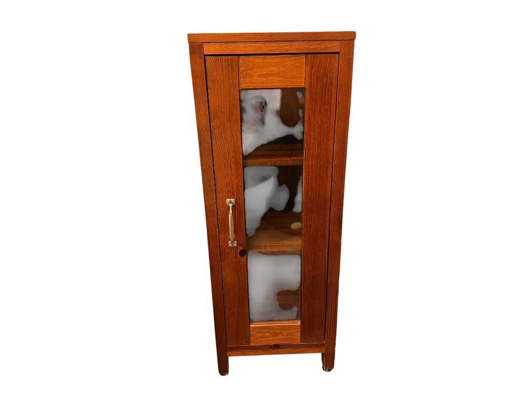 DARK FINISH THREE-TIER BATHROOM CABINET WITH GLASS FRONT DOOR: NICKEL FINISH HARDWARE 13" X 14" X 35 1/2"