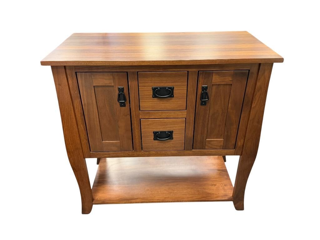 MEDIUM FINISH MISSION INSPIRED CONSOLE TABLE WITH SOFT CLOSING DOORS AND DRAWERS: FEATURES TWO DOORS AND TWO DRAWERS, BLACK FINISH MISSION STYLED HARDWARE, TOP SHOWS WEAR 37" X 19" X 36"