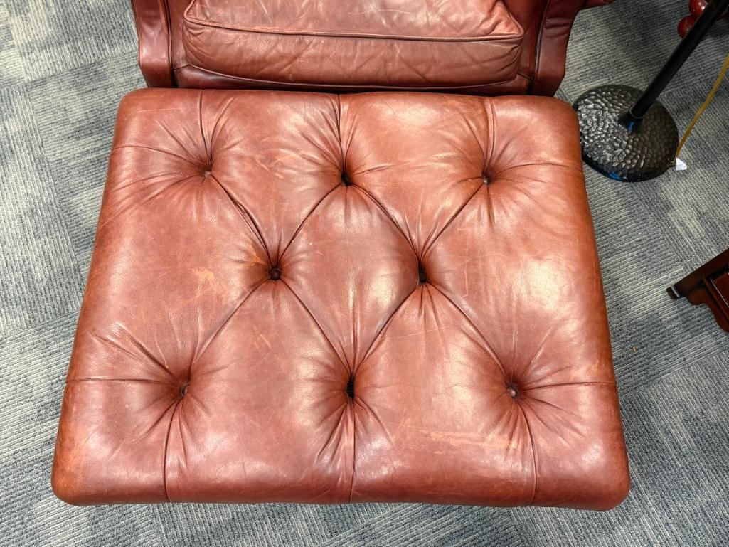RALPH LAUREN GENUINE LEATHER WRITER'S CHAIR AND OTTOMAN BUTTON TUCK WITH NAIL HEAD TRIM - 12