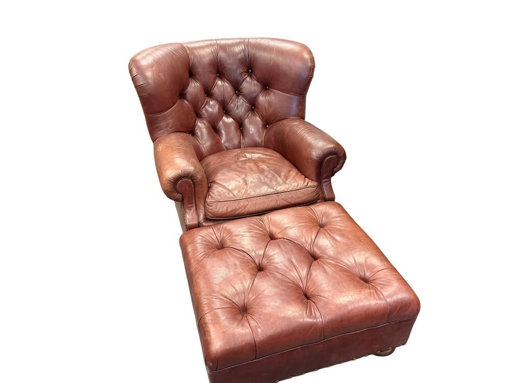 RALPH LAUREN GENUINE LEATHER WRITER'S CHAIR AND OTTOMAN BUTTON TUCK WITH NAIL HEAD TRIM (1 of 13)