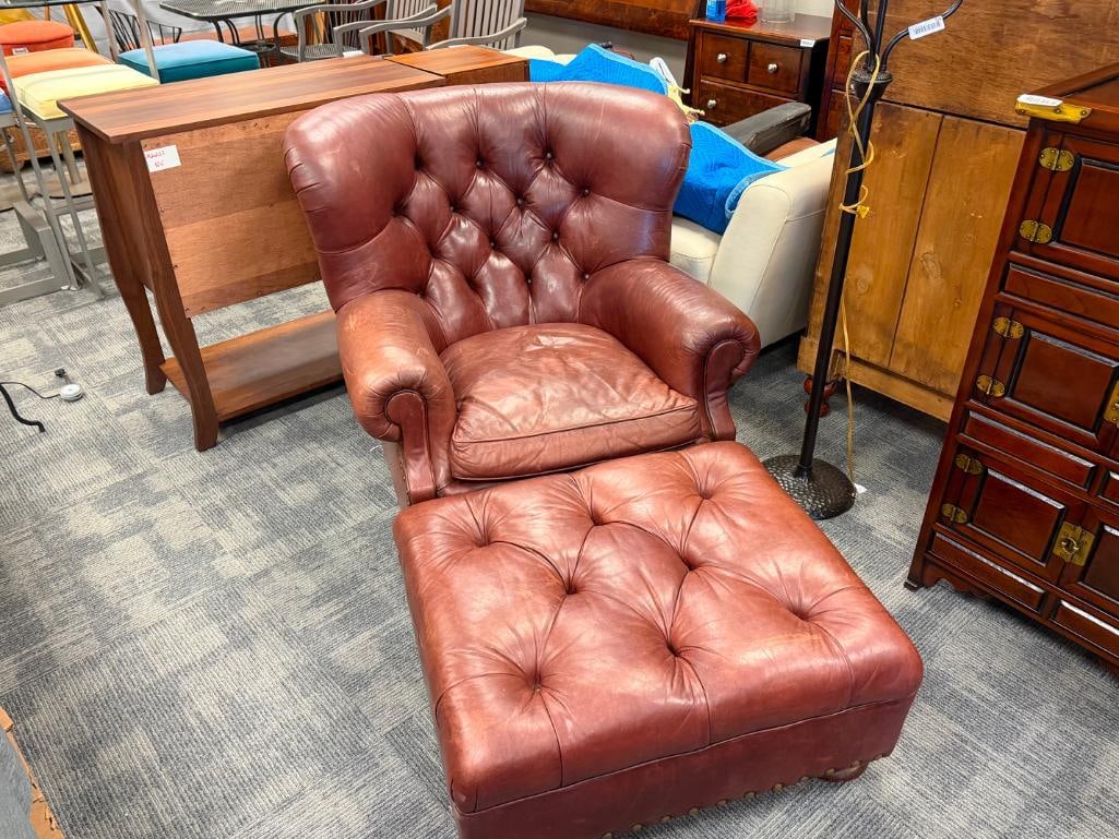 RALPH LAUREN GENUINE LEATHER WRITER'S CHAIR AND OTTOMAN BUTTON TUCK WITH NAIL HEAD TRIM - 2