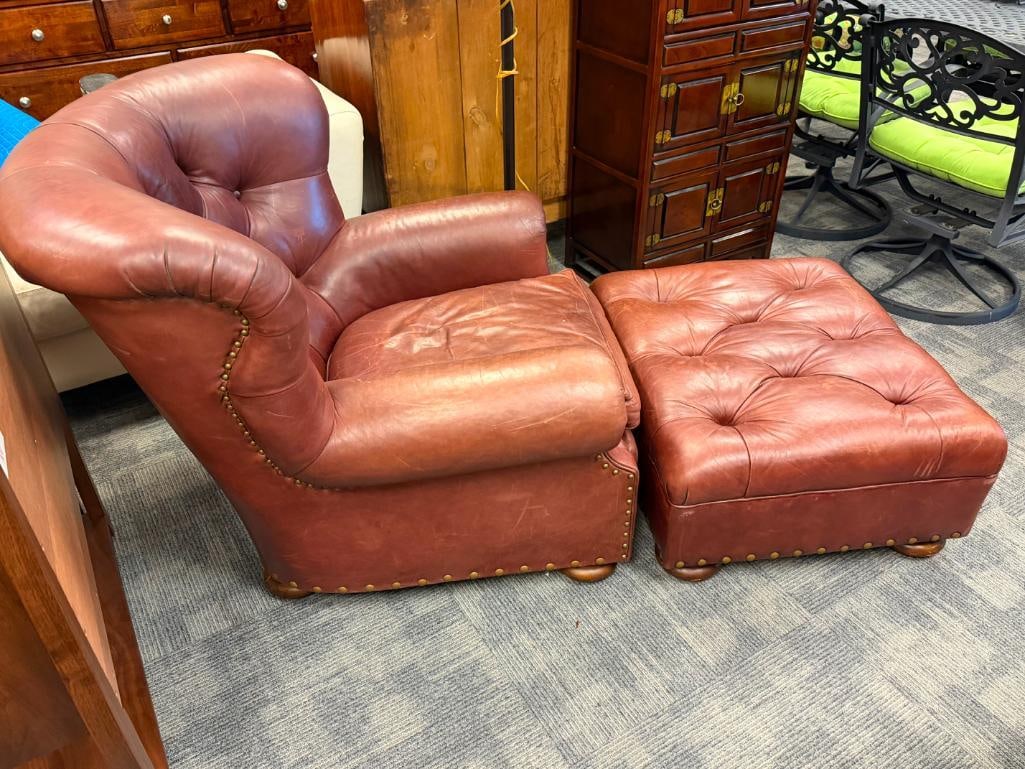 RALPH LAUREN GENUINE LEATHER WRITER'S CHAIR AND OTTOMAN BUTTON TUCK WITH NAIL HEAD TRIM - 3