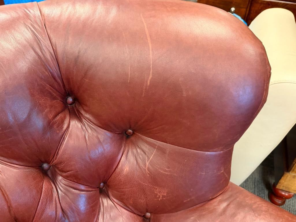RALPH LAUREN GENUINE LEATHER WRITER'S CHAIR AND OTTOMAN BUTTON TUCK WITH NAIL HEAD TRIM - 7