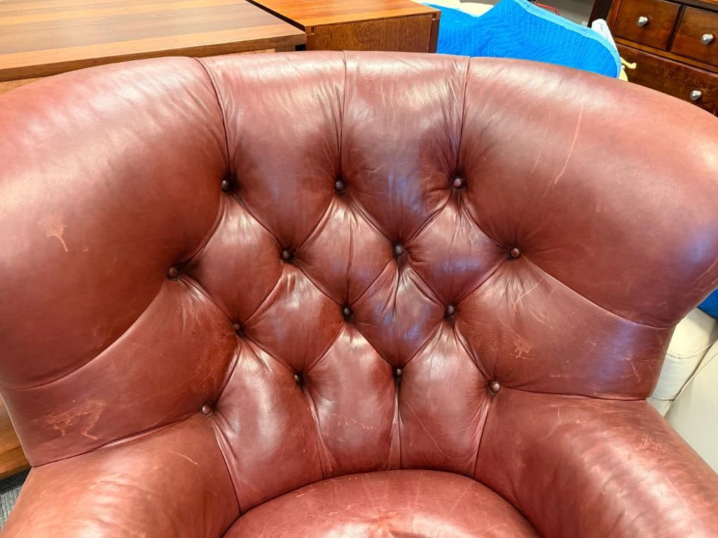 RALPH LAUREN GENUINE LEATHER WRITER'S CHAIR AND OTTOMAN BUTTON TUCK WITH NAIL HEAD TRIM - 8