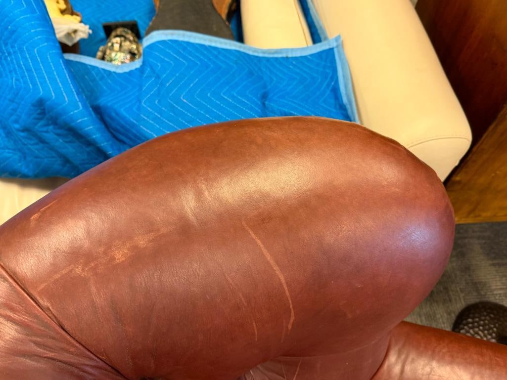 RALPH LAUREN GENUINE LEATHER WRITER'S CHAIR AND OTTOMAN BUTTON TUCK WITH NAIL HEAD TRIM - 9
