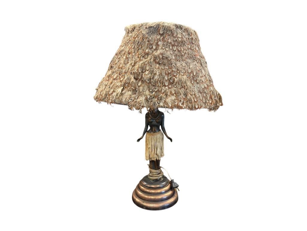 VINTAGE HULA GIRL DANCER FIGURAL TABLE LAMP WITH REAL FEATHER SHADE: COPPER TONED METAL HULA GIRL PEDESTAL LAMP WITH ROUND STEPPED BASE, INCLUDES FEATHER SHADE, TESTED + 25" H