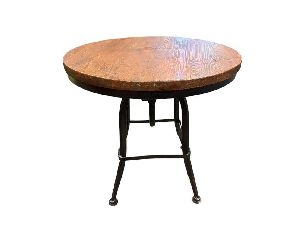 INDUSTRIAL STYLED ROUND SIDE TABLE WITH SCREW HEIGHT ADJUSTABLE TABLE WITH WOOD TOP: FOUR-LEGGED TABLE WITH SCREW HEIGHT ADJUSTABLE HEIGHT WITH LOCK MECHANISM 27" ROUND, 26" UP TO 31" H