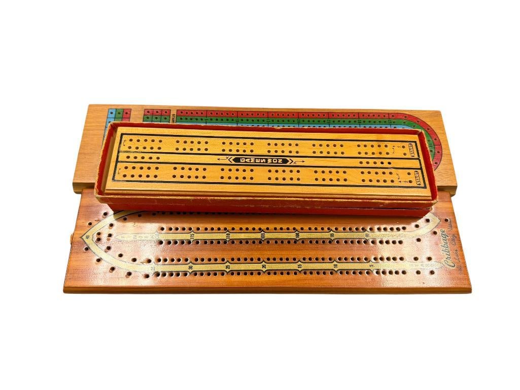 VINTAGE WOODEN CRIBBAGE BOARDS INCLUDES ONE FROM MILTON & BRADLEY AND UTAH SOUVENIR BOARD: THREE INCLUDE GAME PIECES AND TWO INCLUDES ORIGINAL BOX 11" UP TO 14 1/2" L