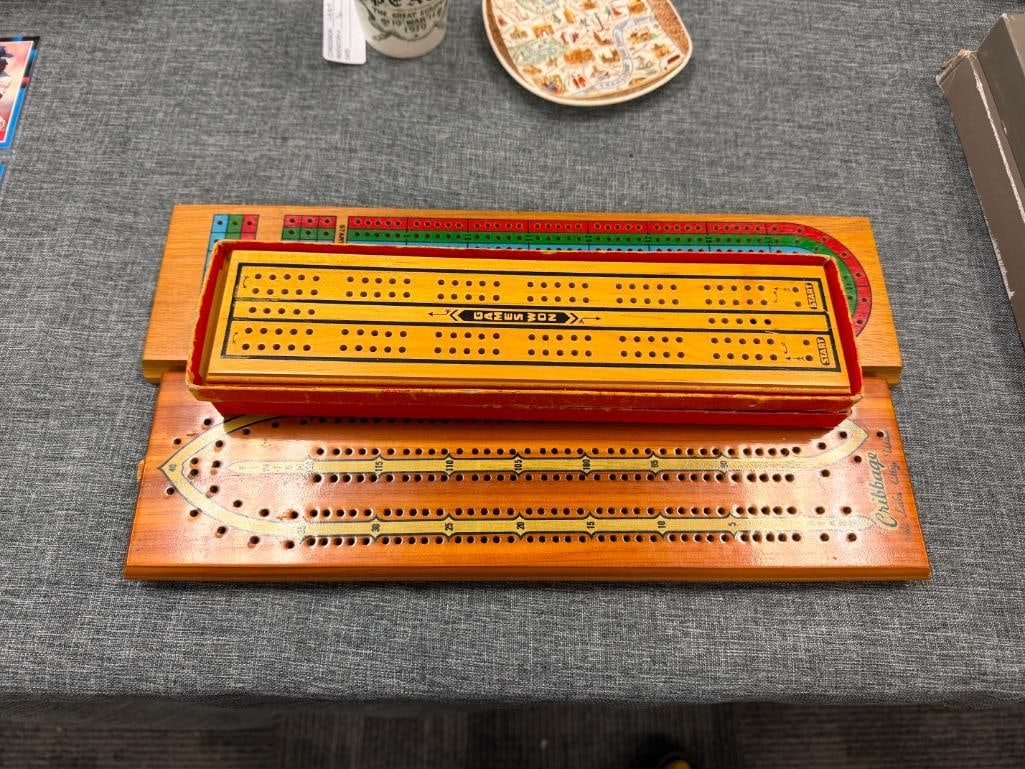 VINTAGE WOODEN CRIBBAGE BOARDS INCLUDES ONE FROM MILTON & BRADLEY AND UTAH SOUVENIR BOARD - 2