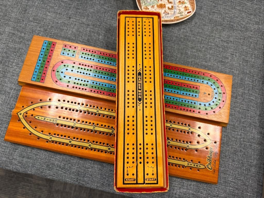 VINTAGE WOODEN CRIBBAGE BOARDS INCLUDES ONE FROM MILTON & BRADLEY AND UTAH SOUVENIR BOARD - 3