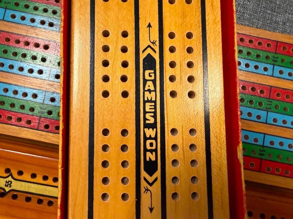 VINTAGE WOODEN CRIBBAGE BOARDS INCLUDES ONE FROM MILTON & BRADLEY AND UTAH SOUVENIR BOARD - 4