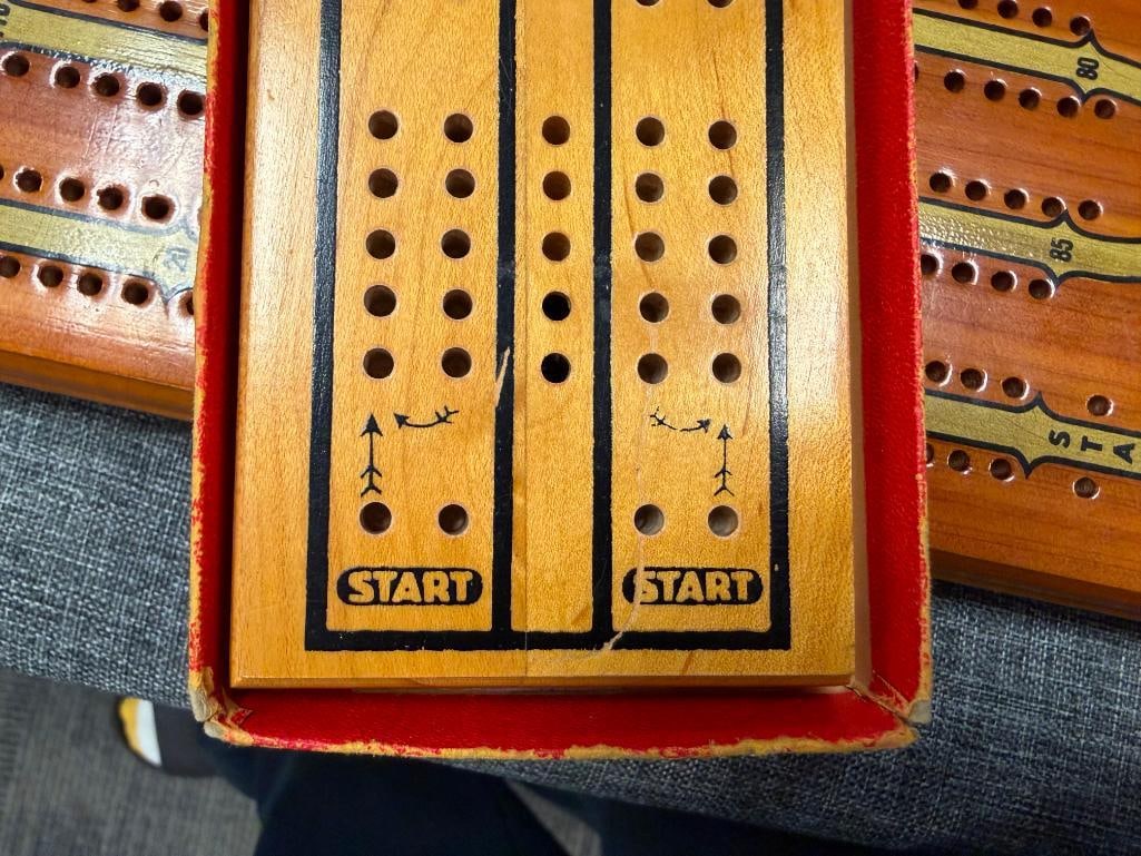 VINTAGE WOODEN CRIBBAGE BOARDS INCLUDES ONE FROM MILTON & BRADLEY AND UTAH SOUVENIR BOARD - 5