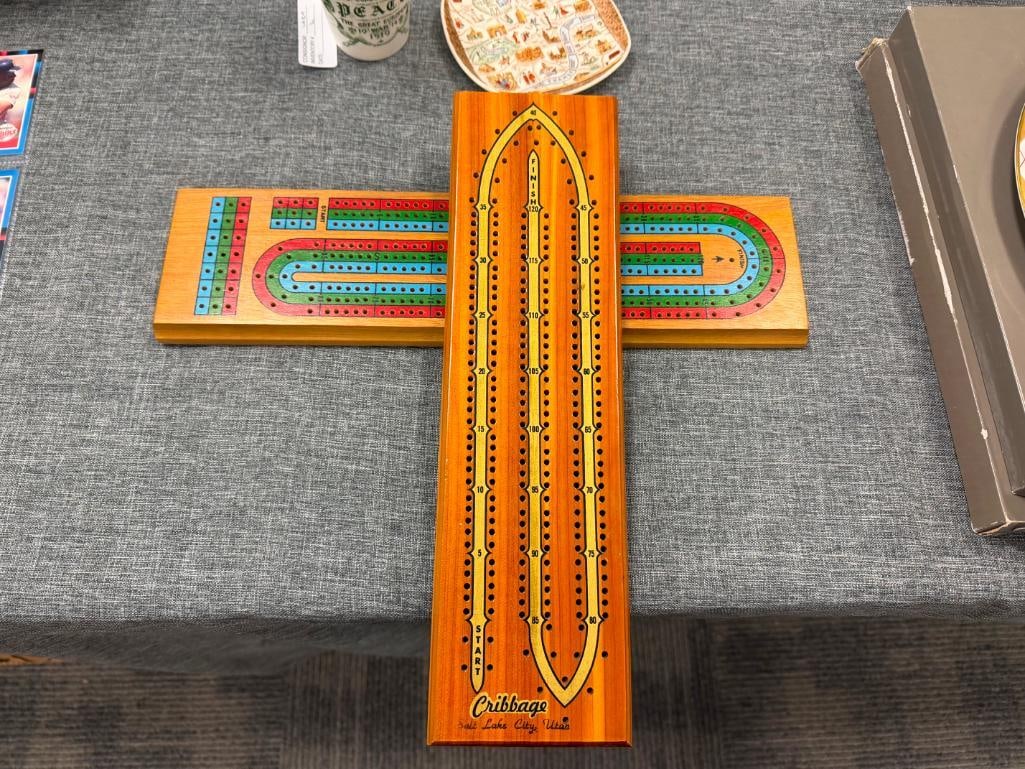 VINTAGE WOODEN CRIBBAGE BOARDS INCLUDES ONE FROM MILTON & BRADLEY AND UTAH SOUVENIR BOARD - 6