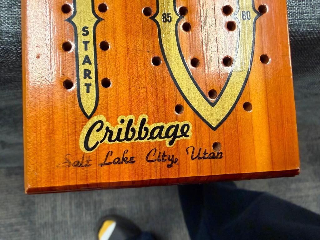 VINTAGE WOODEN CRIBBAGE BOARDS INCLUDES ONE FROM MILTON & BRADLEY AND UTAH SOUVENIR BOARD - 7