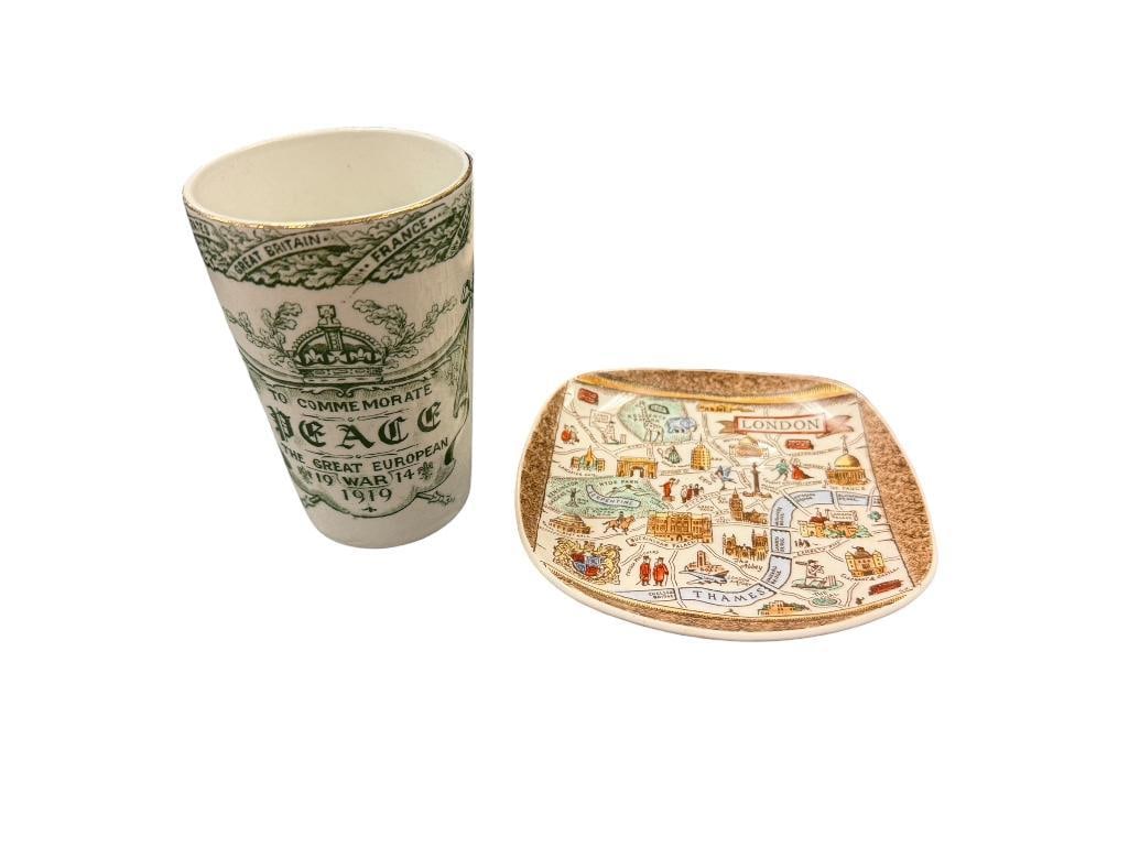 T.G. GREEN & CO AND ROYAL ART POTTERY EUROPEAN CHINA PLATE & CUP: THE GREAT EUROPEAN WAR 1914-1919 COMMEMORATIVE PEACE CUP WITH GREEN LETTERING AND ILLUSTRATIONS PLUS LONDON ILLUSTRATED SMALL PLATE IN COLOR WITH LOCAL LANDMARKS, BOTH ARE MARKED ON THE BOTTOM, NO CHI