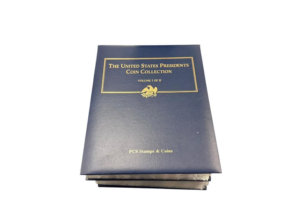 THE UNITED STATES PRESIDENTS COIN COLLECTION VOL. I & II PCS STAMPS & COIN: ALBUMS WITH GOLD PRESIDENTIAL DOLLARS WITH INFORMATION PAGE, INDIGO COVERS WITH GILT LETTERING