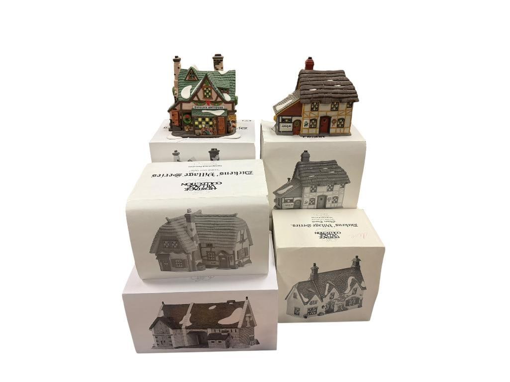 DICKENS / DEPT 56 PORCELAIN ILLUMINATING BUILDINGS: OLIVER TWIST, COBB COTTAGE, QUILLY'S ANTIQUES, J.B PICKLE ANTIQUES, ALL IN ORIGINAL BOXES 