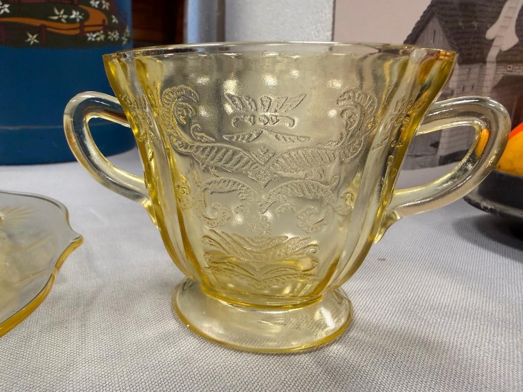 YELLOW DEPRESSION GLASS SAUCERS, CUPS, PLATE, SUGAR BOWL - 10
