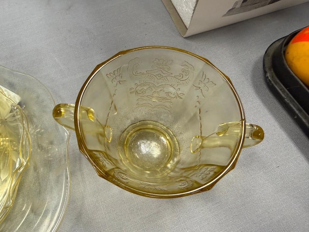 YELLOW DEPRESSION GLASS SAUCERS, CUPS, PLATE, SUGAR BOWL - 11