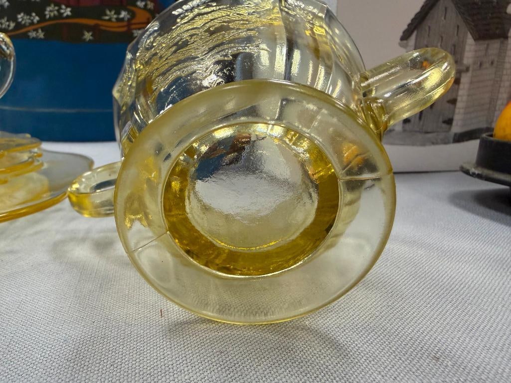 YELLOW DEPRESSION GLASS SAUCERS, CUPS, PLATE, SUGAR BOWL - 12