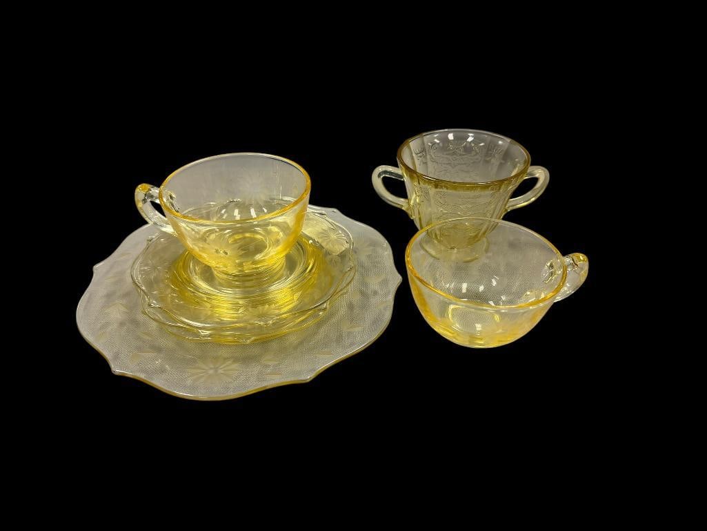 YELLOW DEPRESSION GLASS SAUCERS, CUPS, PLATE, SUGAR BOWL: SEVEN PIECES TOTAL
