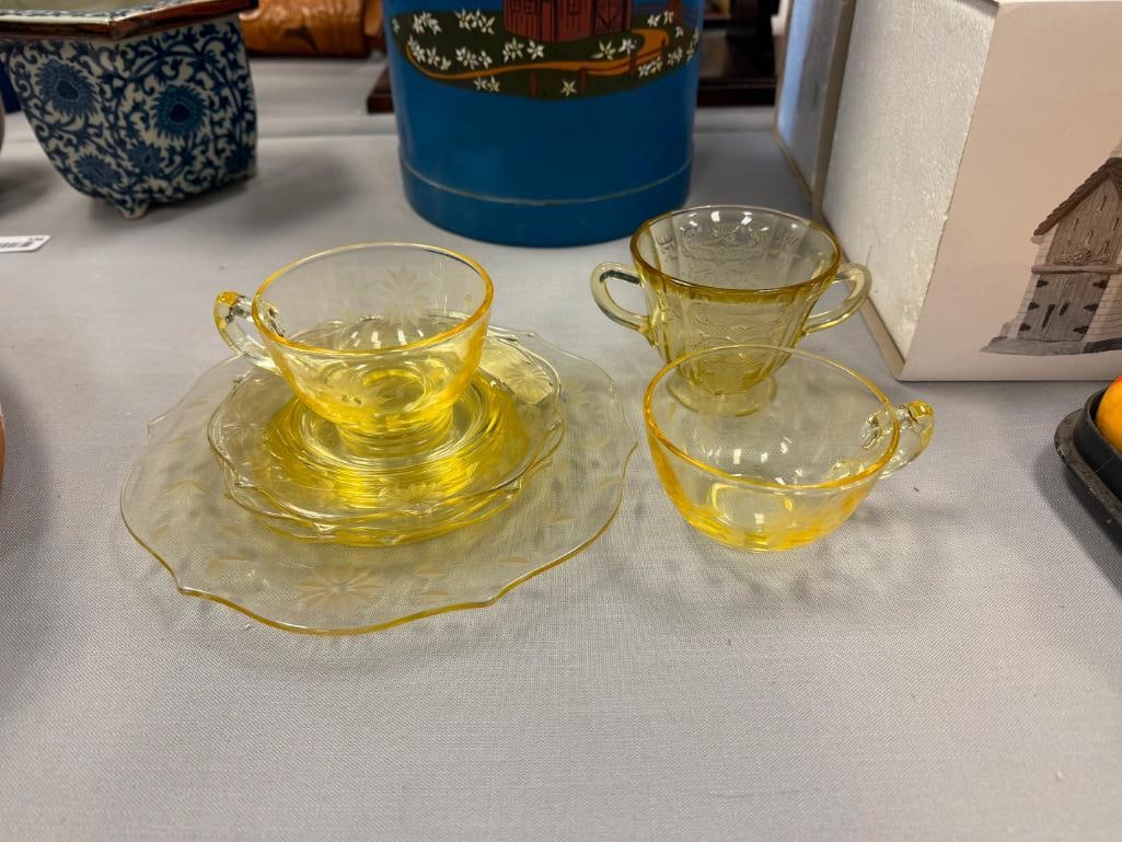 YELLOW DEPRESSION GLASS SAUCERS, CUPS, PLATE, SUGAR BOWL - 2