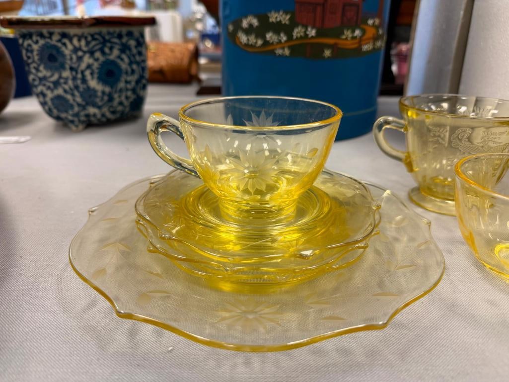 YELLOW DEPRESSION GLASS SAUCERS, CUPS, PLATE, SUGAR BOWL - 3