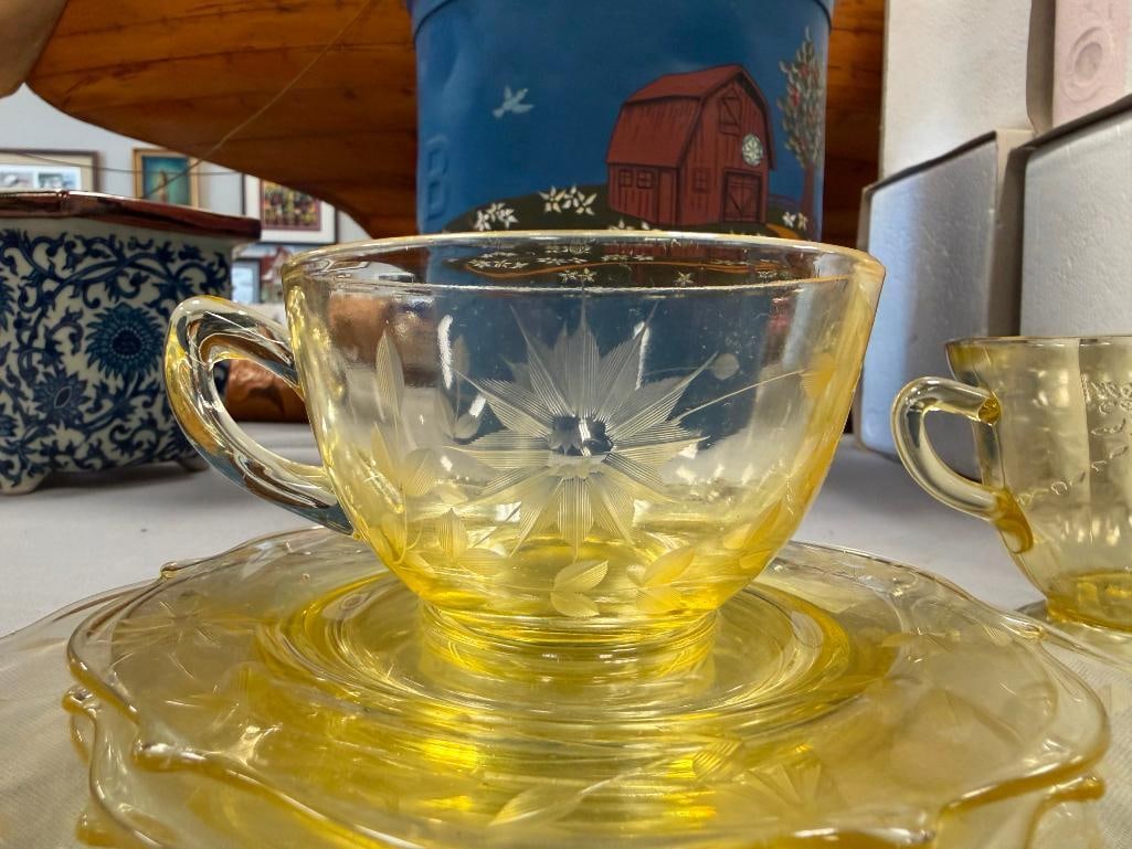 YELLOW DEPRESSION GLASS SAUCERS, CUPS, PLATE, SUGAR BOWL - 4