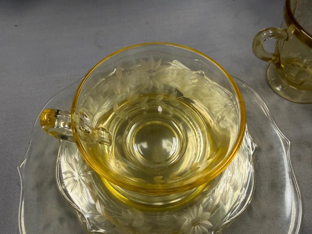 YELLOW DEPRESSION GLASS SAUCERS, CUPS, PLATE, SUGAR BOWL - 5