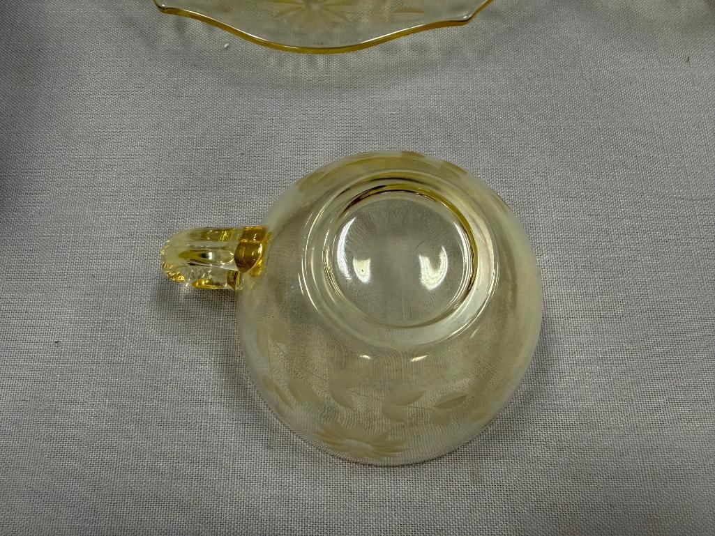 YELLOW DEPRESSION GLASS SAUCERS, CUPS, PLATE, SUGAR BOWL - 6